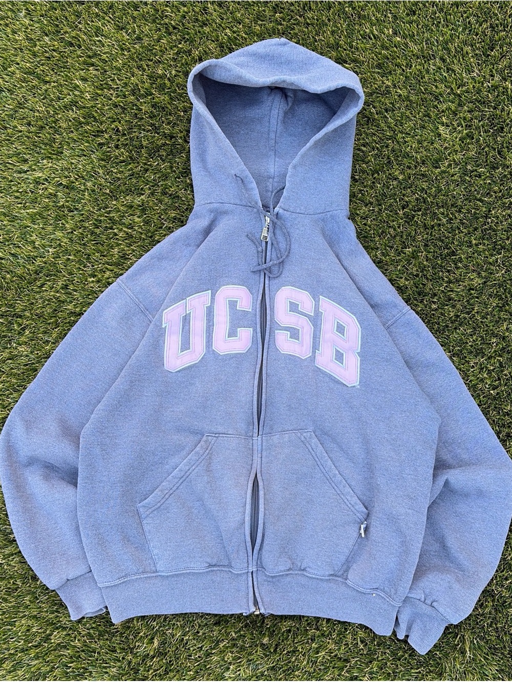 UCSB Spell Out Gaucho Russell Athletic Full Zip Hoodie Sweatshirt Grey Pink